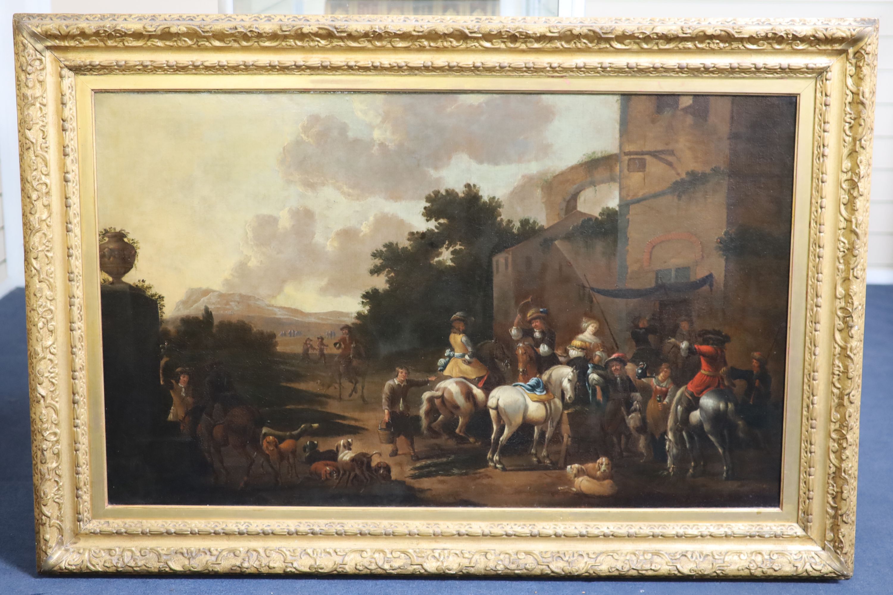 Attributed to Philips Wouwerman (1619-1668), A hunting party outside a tavern, oil on canvas, 69.5 x 140cm